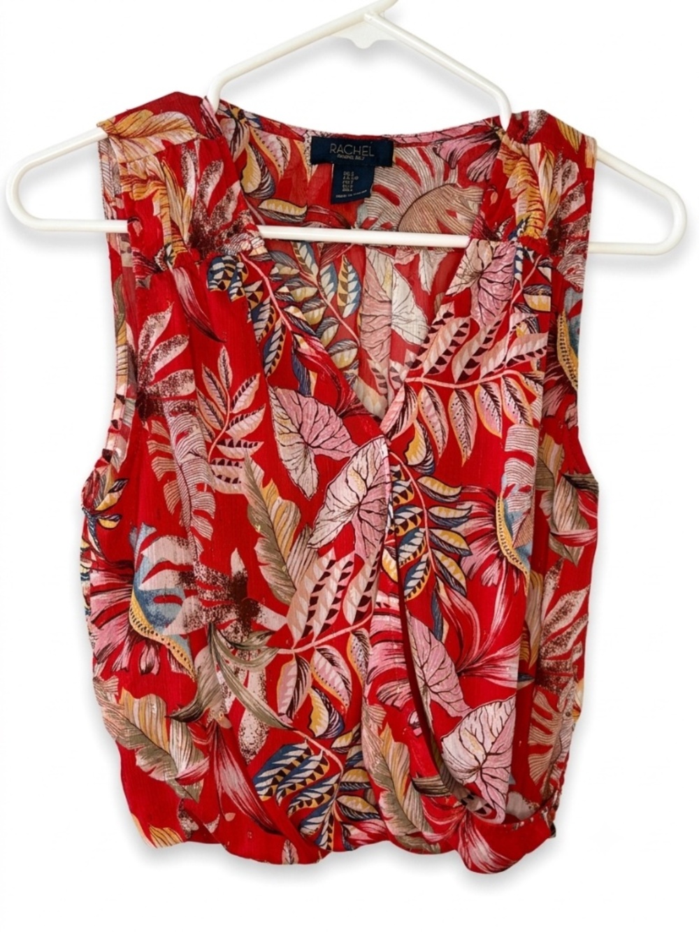 Rachel Roy Tropical Floral Wrap Top Red Gold Shimmer. Size Small